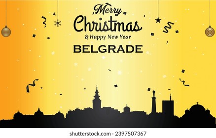 Christmas and New year golden greeting card with black panorama of the city of Belgrade, Serbia