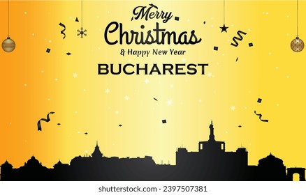 Tarjeta de felicitación de oro de Navidad y Año Nuevo con panorama negro de la ciudad de Bucarest, Rumania