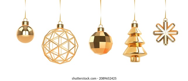 Christmas and New Year golden ornaments . Christmas tree, xmas balls and snowflake, abstract modern elements 3d render.