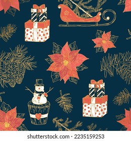 Christmas and New Year golden seamless pattern with plants and simbols. Poinsettia flower, pine cones, snowman, presents, santa claus sleigh with christmas tree. Vector hand drawn