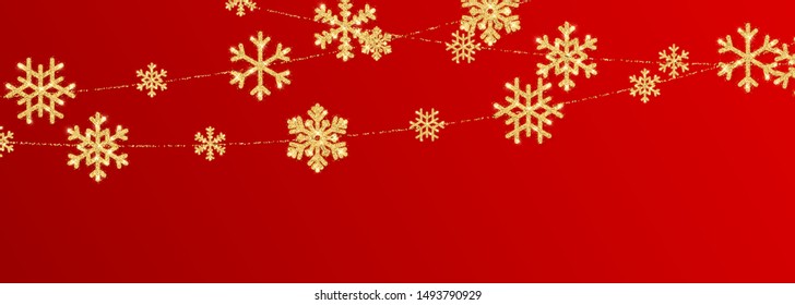Christmas or New Year golden snowflake decoration garland on red background. Hanging glitter snowflake. Vector illustration.