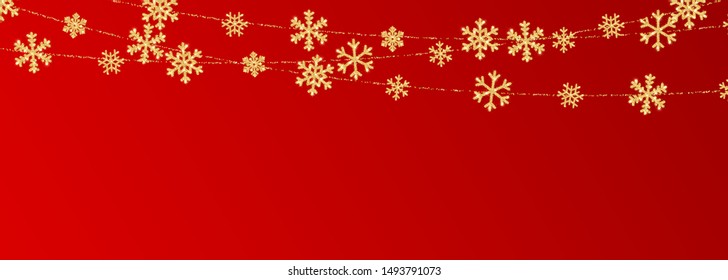 Christmas or New Year golden snowflake decoration garland on red background. Hanging glitter snowflake. Vector illustration.