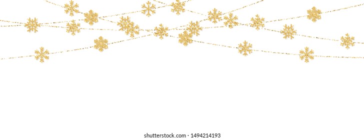 Christmas or New Year golden snowflake decoration garland on white background. Hanging glitter snowflake. Vector illustration.