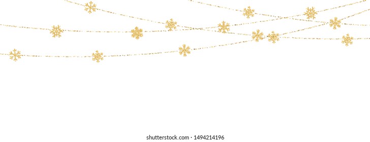 Christmas or New Year golden snowflake decoration garland on white background. Hanging glitter snowflake. Vector illustration.