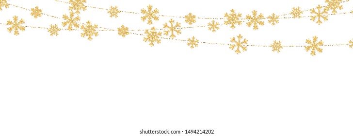 Christmas or New Year golden snowflake decoration garland on white background. Hanging glitter snowflake. Vector illustration.