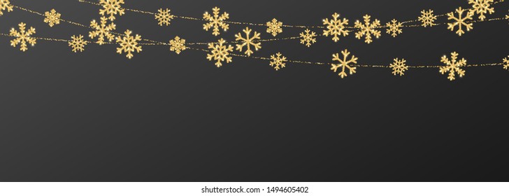 Christmas or New Year golden snowflake decoration garland on black background. Hanging glitter snowflake. Vector illustration.