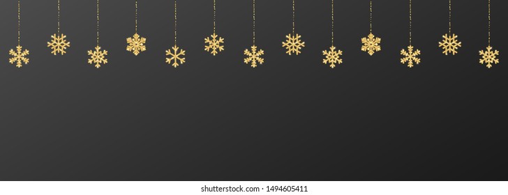 Christmas or New Year golden snowflake decoration garland on black background. Hanging glitter snowflake. Vector illustration.