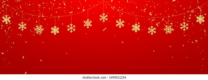 Christmas or New Year golden snowflake decoration garland on red background. Hanging glitter snowflake. Vector illustration.