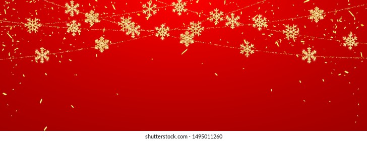 Christmas or New Year golden snowflake decoration garland on red background. Hanging glitter snowflake. Vector illustration.