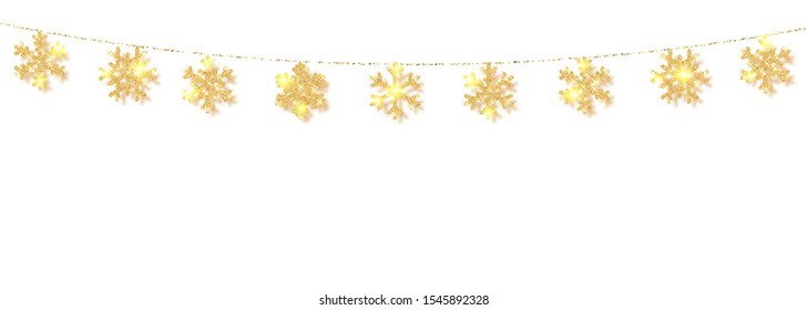 Christmas or New Year golden snowflake decoration garland on white background. Hanging glitter snowflake. Vector illustration.