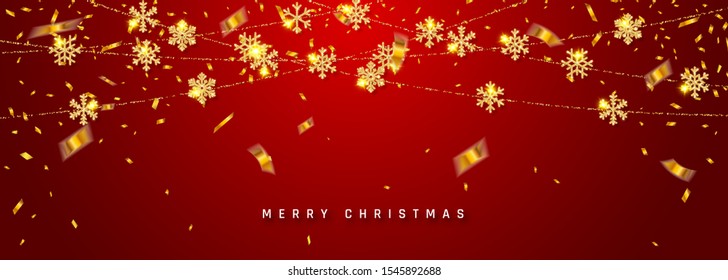 Christmas or New Year golden snowflake decoration garland with confetti on red background. Hanging glitter snowflake. Chinese New Year Greeting Card Vector illustration.