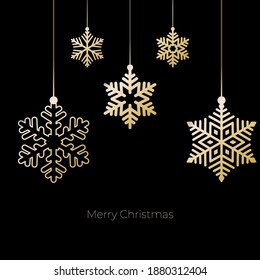 Christmas and New Year with golden snowflake on black background. Xmas and New 2021 Year celebration preparation. Vector flat cartoon style. Greeting card, banner, poster