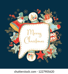 Christmas and New Year golden speech bubble with Christmas decorations and present. Vector hand drawn illustration