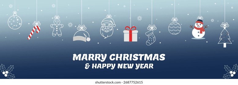 Christmas and New Year Gradient Background, Blue and White Holiday Card with Ornaments, Santa, and Snowman.