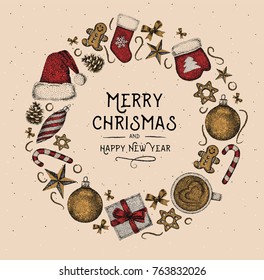 Christmas And New Year Graphic In Shape Of Wreath, With Congratulating Lettering Inside The Circle