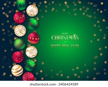 Christmas and New Year green background. Decorative Christmas banner design. Festive Xmas background with glass balls. Festive Xmas composition. Decorative Merry Christmas banner design with glass bal