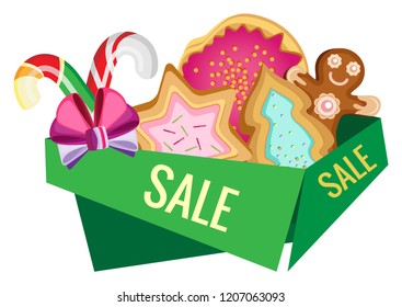 Christmas and New Year green banner on sale with cookies and caramel. Transparent background.