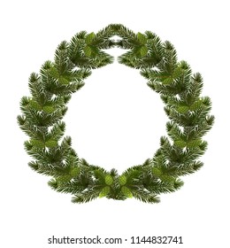 Christmas, New Year. A green branch of spruce in the form of a Christmas wreath with cones. on a white background. Vector illustration