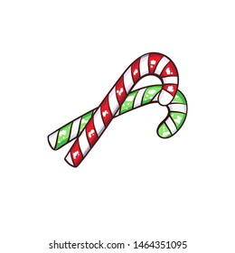Christmas or New Year green candy cane isolated vector illustration. Freehand sweets food decor for winter holidays on white background