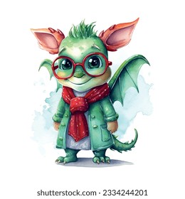 Christmas New year green dragon with glasses watercolor. Retro vintage style. Sketch drawing.