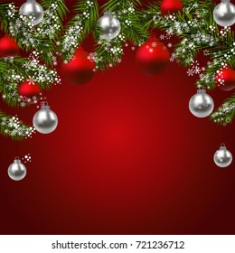 Christmas New Year. Green fir branches with red faceted and silver balls. Christmas card. On a red background. Vector illustration