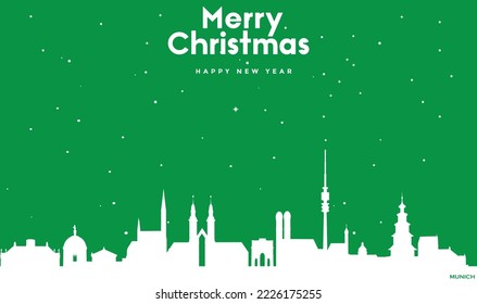 Christmas and New year green greeting card with white panorama of Munich