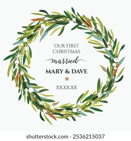 Christmas, New year green leaves, white mistletoe berries wreath. Festive greenery, holiday round decorative element. Floral watercolor, vector art wedding illustration. Elegant editable greeting card