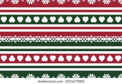 Christmas and New Year green red and white seamless pattern, fairytale pixel pattern in white and green with Nordic snowflakes for winter hats, ugly sweaters, jumpers. wallpaper, paper or other design