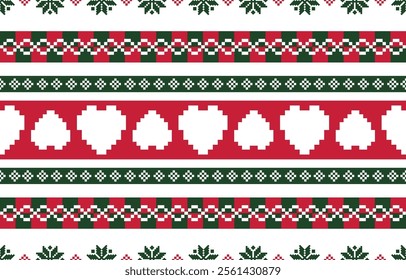 Christmas and New Year green red and white seamless pattern, fairytale pixel pattern in white and green with Nordic snowflakes for winter hats, ugly sweaters, jumpers. wallpaper, paper or other design