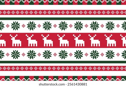 Christmas and New Year green red and white seamless pattern, fairytale pixel pattern in white and green with Nordic snowflakes for winter hats, ugly sweaters, jumpers. wallpaper, paper or other design