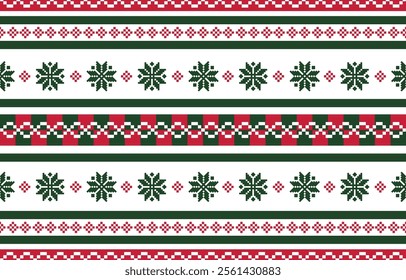 Christmas and New Year green red and white seamless pattern, fairytale pixel pattern in white and green with Nordic snowflakes for winter hats, ugly sweaters, jumpers. wallpaper, paper or other design