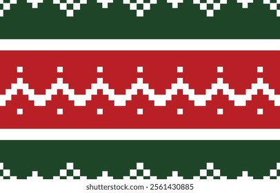 Christmas and New Year green red and white seamless pattern, fairytale pixel pattern in white and green with Nordic snowflakes for winter hats, ugly sweaters, jumpers. wallpaper, paper or other design