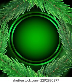 Christmas and New Year green round banner with fir tree branches