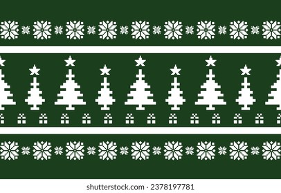 Christmas and New Year green and white seamless pattern, fairytale pixel pattern in white and green with Nordic snowflakes for winter hats, ugly sweaters, jumpers. wallpaper, paper or other design