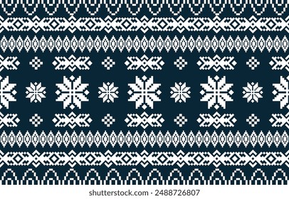 Christmas and New Year green and white seamless pattern, fairytale pixel pattern in white and green with Nordic snowflakes for winter hats, ugly sweaters, jumpers. wallpaper, paper or other design