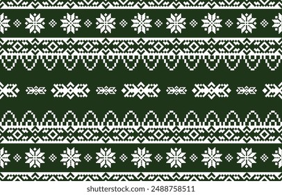 Christmas and New Year green and white seamless pattern, fairytale pixel pattern in white and green with Nordic snowflakes for winter hats, ugly sweaters, jumpers. wallpaper, paper or other design