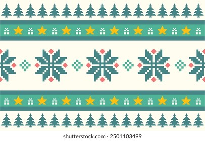 Christmas and New Year green and white seamless pattern, fairytale pixel pattern in white and green with Nordic snowflakes for winter hats, ugly sweaters, jumpers. wallpaper, paper or other design