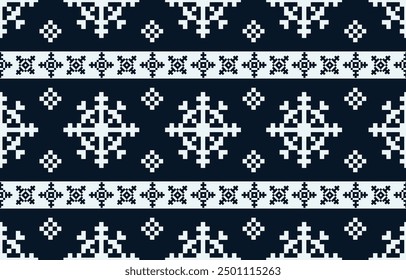 Christmas and New Year green and white seamless pattern, fairytale pixel pattern in white and green with Nordic snowflakes for winter hats, ugly sweaters, jumpers. wallpaper, paper or other design