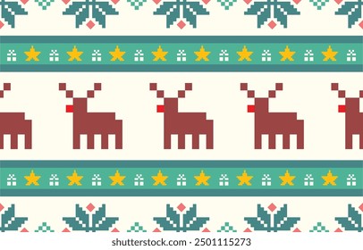 Christmas and New Year green and white seamless pattern, fairytale pixel pattern in white and green with Nordic snowflakes for winter hats, ugly sweaters, jumpers. wallpaper, paper or other design