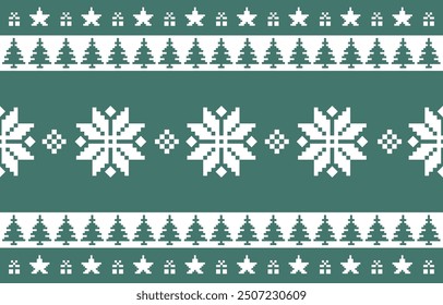 Christmas and New Year green and white seamless pattern, fairytale pixel pattern in white and green with Nordic snowflakes for winter hats, ugly sweaters, jumpers. wallpaper, paper or other design