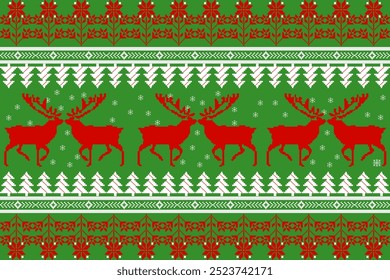Christmas and New Year green and white seamless pattern, fairytale pixel pattern in white and green with Nordic snowflakes for winter hats, ugly sweaters, jumpers. wallpaper, paper or other design
