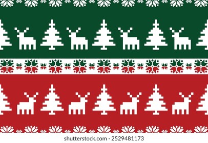 Christmas and New Year green and white seamless pattern, fairytale pixel pattern in white and green with Nordic snowflakes for winter hats, ugly sweaters, jumpers. wallpaper, paper or other design