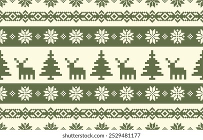 Christmas and New Year green and white seamless pattern, fairytale pixel pattern in white and green with Nordic snowflakes for winter hats, ugly sweaters, jumpers. wallpaper, paper or other design