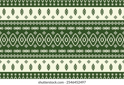 Christmas and New Year green and white seamless pattern, fairytale pixel pattern in white and green with Nordic snowflakes for winter hats, ugly sweaters, jumpers. wallpaper, paper or other design