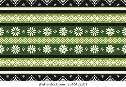 Christmas and New Year green and white seamless pattern, fairytale pixel pattern in white and green with Nordic snowflakes for winter hats, ugly sweaters, jumpers. wallpaper, paper or other design