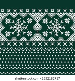 Christmas and New Year green and white seamless pattern, pixel pattern in green and white with Nordic snowflakes for winter hats, Scandinavian Norwegian Sweater, jumpers, wallpaper, paper or other des