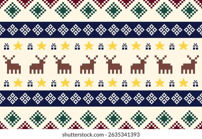 Christmas and New Year green and white seamless pattern, fairytale pixel pattern in white and green with Nordic snowflakes for winter hats, ugly sweaters, jumpers. wallpaper, paper or other design