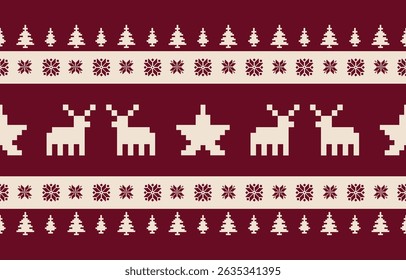 Christmas and New Year green and white seamless pattern, fairytale pixel pattern in white and green with Nordic snowflakes for winter hats, ugly sweaters, jumpers. wallpaper, paper or other design