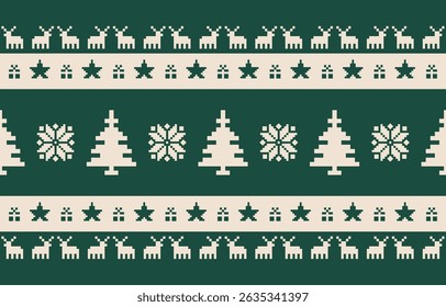 Christmas and New Year green and white seamless pattern, fairytale pixel pattern in white and green with Nordic snowflakes for winter hats, ugly sweaters, jumpers. wallpaper, paper or other design