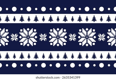 Christmas and New Year green and white seamless pattern, fairytale pixel pattern in white and green with Nordic snowflakes for winter hats, ugly sweaters, jumpers. wallpaper, paper or other design